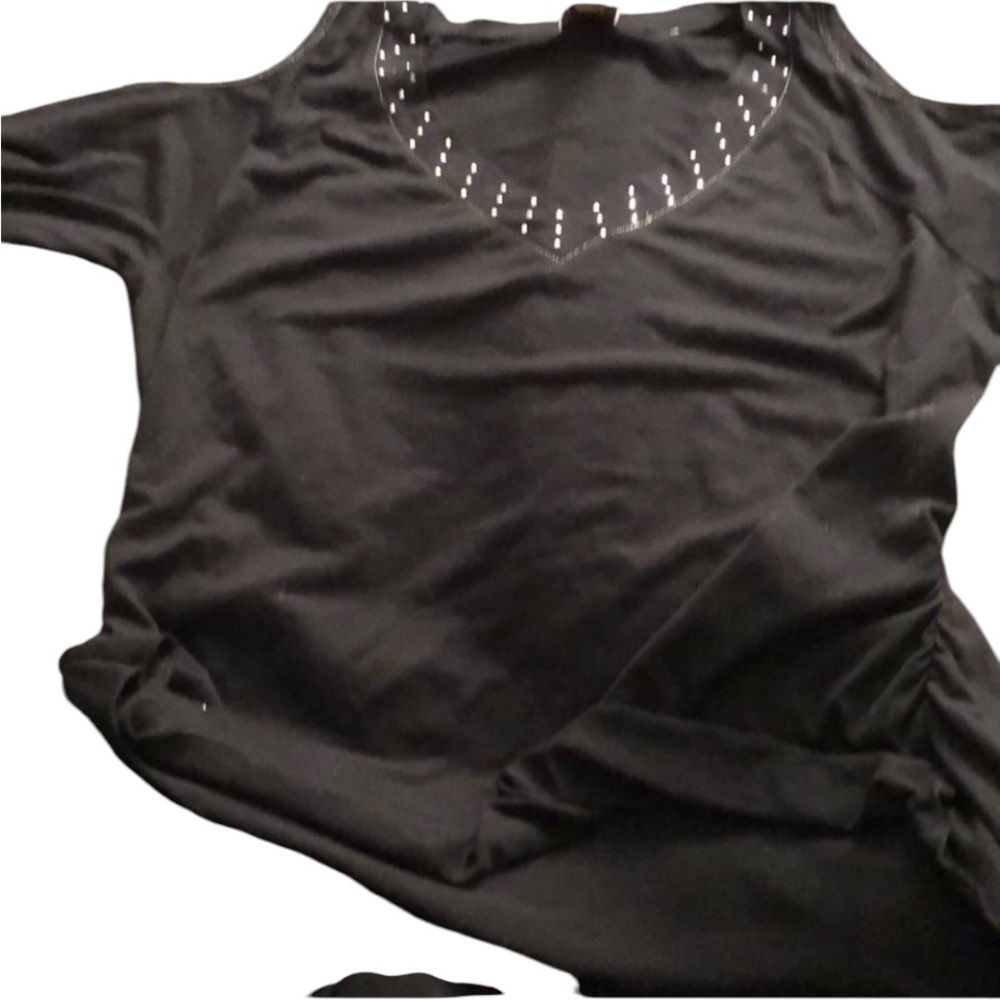 ONE STEP UP 1X black scoop-neck  shirred  cold shoulder w/silver detail